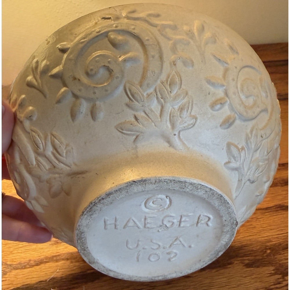Vintage Haeger Pottery 8" Footed Bowl Planter Green 102 Leaf Swirl Mid Century